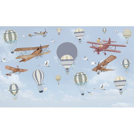 Papier peint panoramique Enfants - Avions Montgolfières - 130 cm x 79 cm (1/2)