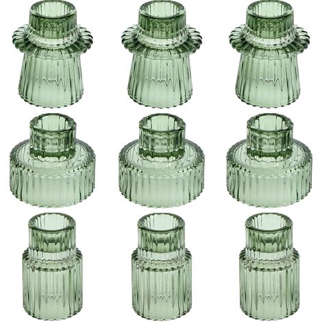 Portavelas de mesa minimalistas de cristal estilo europeo, paquete de 9, color verde, ambiente romántico, decoración del hogar. (1/4)