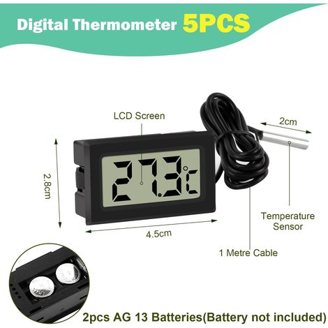 5 pezzi termometro per frigorifero, termometro per acquario con display LCD termometro per temperatura con cavo da 1 m e sonda di temperatura sensore tester per frigorifero congelatore (nero) (1/4)
