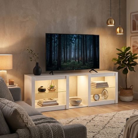 Mueble TV 160x35x52 cm blanco con estantes de vidrio ajustables y luces LED (1/5)