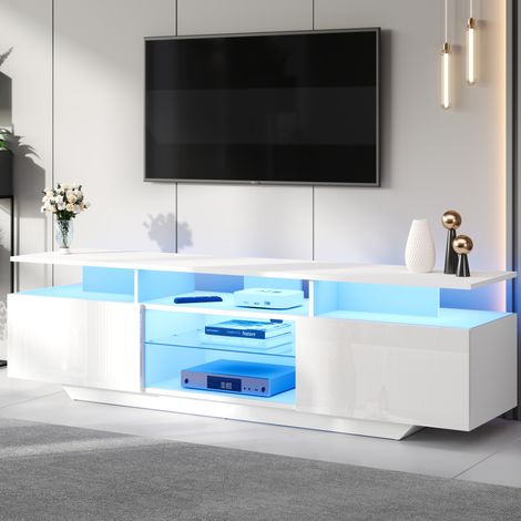 Mobile TV 160x40x45 cm, con luci LED controllate da app, 2 armadi, 8 ripiani, MDF bianco (1/5)