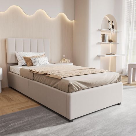 Struttura letto 90 x 200 cm – Letto imbottito – Tessuto in lino – Rete a doghe – Testiera regolabile in altezza (1/5)