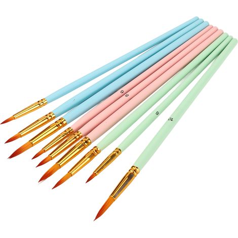 Jeu de 9 pinceaux pointus, manches en peuplier longs, poils nylon haute élasticité, couleurs bleu rose vert, pour aquarelle et peinture fine (1/5)