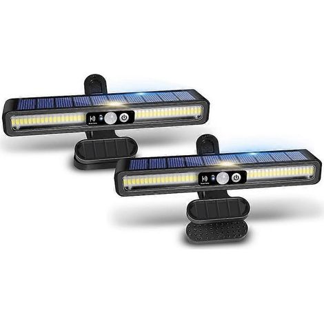 Lot de 2 lampes solaires à clip à détecteur de mouvement pour l'extérieur, étanches, à fixer au mur ou à utiliser comme éclairage pour clôture, garage ou camping. (1/5)