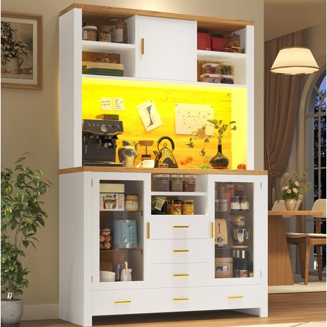 Credenza contenitore 120x40x188 cm bianca effetto legno con LED integrato (1/5)