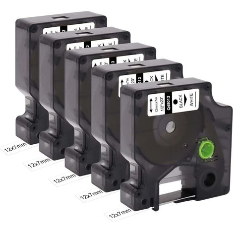 Lot de 5 bandes de rechange pour étiquettes compatibles Dymo D1 45013 S0720530 (12 mm x 7 m) - Ruban adhésif noir sur ruban blanc avec Dymo Label Manager 160 200 210D 280 360D 420P 450D (1/4)