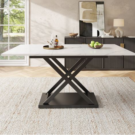 Table extensible à manger 120-160 x 80 cm, MDF effet marbre blanc, pieds métal noirs HAVRYA (1/5)