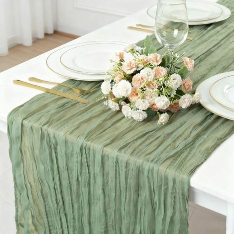 Runner da tavola in tulle verde, 90 x 400 cm, tulle semitrasparente, stile bohémien, ideale per matrimoni e ricevimenti. (1/5)