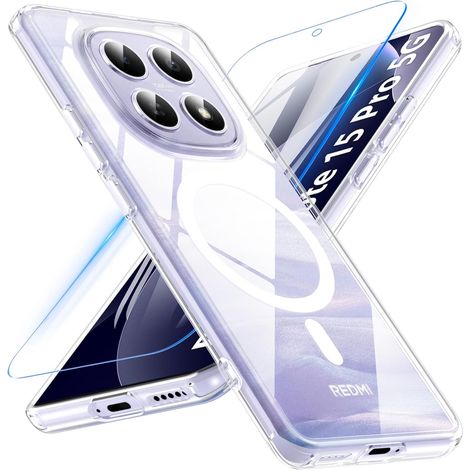 Coque pour Xiaomi Redmi Note 15 Pro 5G avec Verre Trempé, Magnétique Antichoc Militaire Protection Housse Transparent Fine Étui Case pour Redmi Note 15 Pro 5G 6,83 Pouces (Transparent) (1/5)