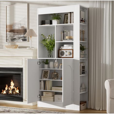 Armoire de rangement 180 cm avec étagères ouvertes, 2 portes et rangements latéraux, bois blanc (1/5)