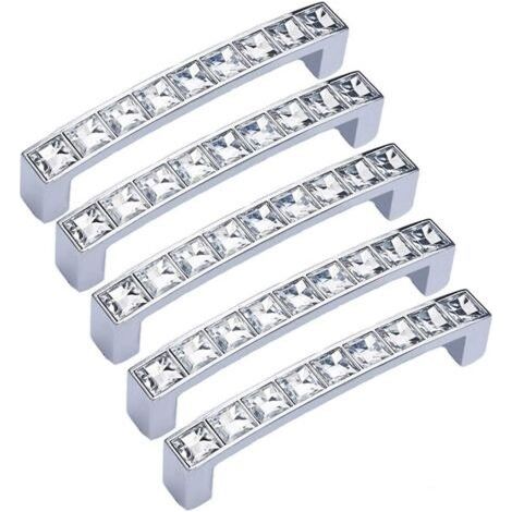 QORVA-Lot de 5 poignées modernes décorées en cristal, 10 cm de long Poignée de tiroir en alliage de zinc (trou central de 9 cm), argent clair, avec strass en verre, pour commode, placard, penderie
