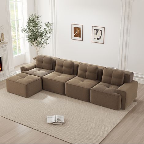 REDOM - Sofá modular de esquinero 4 plazas, confort nube, asiento bajo, tejido corduroy, marrón (1/5)
