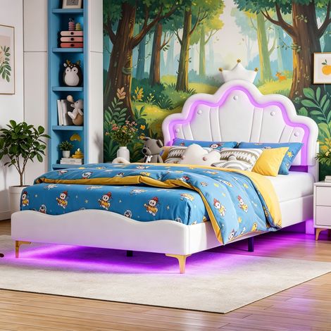 JOOKGBD-Letto bambino imbottito 140x190 cm,letto matrimoniale,letto bambina,letto adolescente,testiera a corona principessa,LED regolabile,testiera regolabile in altezza,rete a doghe,PU,bianco