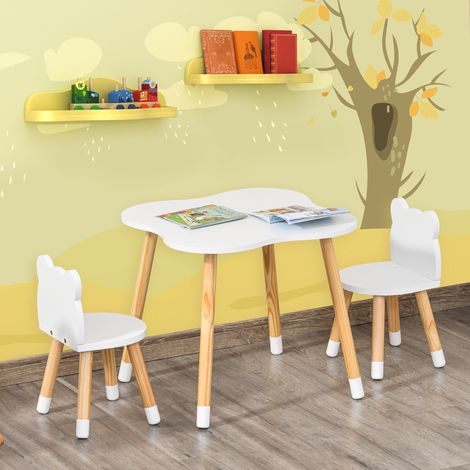 Kindertisch- und Stuhlset, skandinavisches Design, Bärenmotiv, Kiefernholz, weißes MDF