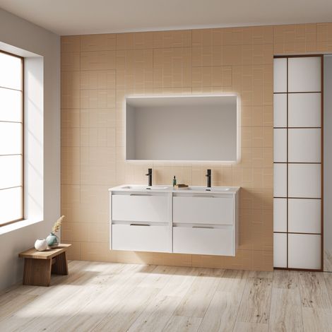 Bristol 120 cm Badezimmer-Standschrank in Hochglanzweiß mit Waschbecken - weiß 120 cm mit spiegel und LED Lampe - Misura: 120 cm - Accessorio: Standard - Colore: Bianco