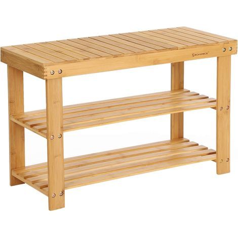 Shoe Rack Bench, Natural Bamboo, 3 Tiers, Sturdy, Entryway, Living Room (1/5)