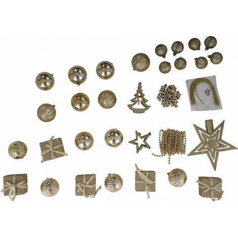 Dmora Box 50 Stück mehrformige Weihnachtsdekorationen, Ornamente und Spitze, Set Sortiment Weihnachtskugeln, Box Weihnachtsbaum Set, 4 bis 7 cm, Gold Farbe