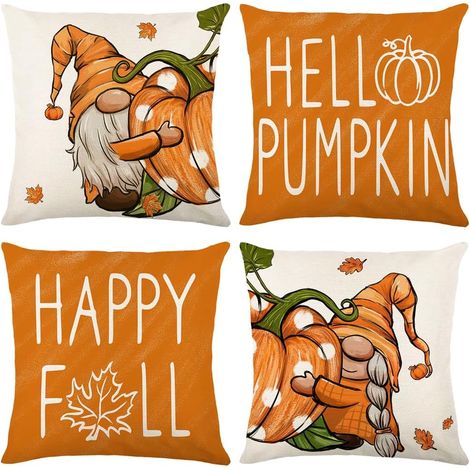 Fundas decorativas de cojín para exteriores de otoño, estampado de gnomos, 45 x 45 cm, juego de 4, animales, naranja, para decoración del hogar. (1/4)