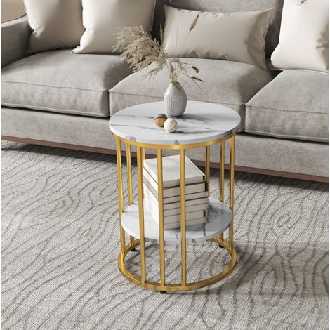 Mesa salón redonda doble con balda efecto mármol blanco OKMYHOME (1/4)