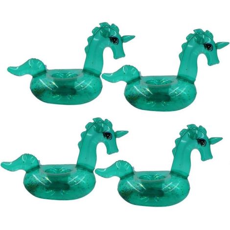 Lot de 4 porte-gobelets gonflables verts transparents, accessoires flottants pour piscine, parfaits pour les fêtes d'été à la plage. Matériau PVC, support stable pour l'eau.