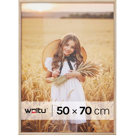Cadre Photo 50x70 cm WOLTU, Cadre en Bois Massif, Décoration Murale ou sur Table, avec Passe Partout, Doré
