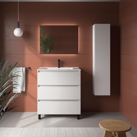 Meuble de salle de bain BEQUIA 3C 80cm Blanc mat Vasque Porcelaine Centrale (1/5)