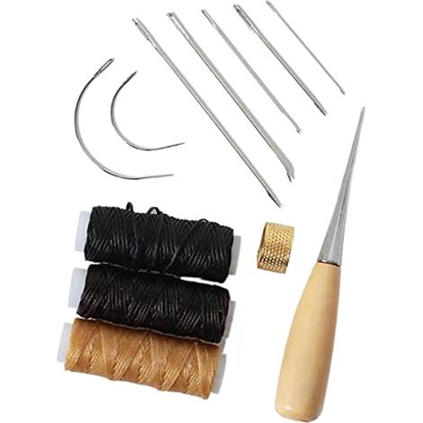 Kit fai da te per riparazione e lavorazione della pelle: 12 pezzi (aghi, filo cerato, punta da cucito, punta) - Kit completo per cucire la pelle per tappeti, tende e materassi (1/5)