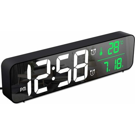Réveil Numérique, Horloge Murale Réveil Matin LED Digital Miroir Grand Ecran avec Température Date, 2 Alarme, 40 Musique, 6 Luminosité Variable, USB Clock pour Maison Bureau, Noir