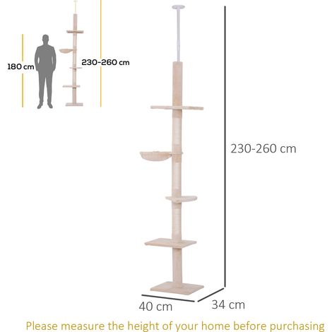 Arbre à chat mural plafond, hauteur extensible 230-260 cm, robuste, couleur sable, griffoir pour chat. (1/5)