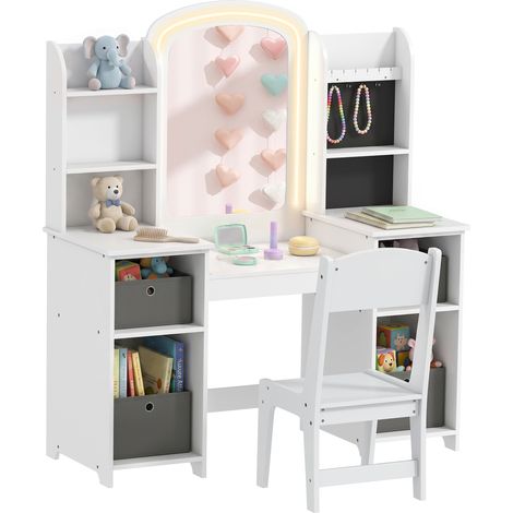 Coiffeuse pour enfants avec tabouret et miroir LED, table de maquillage pour 3 à 8 ans, 104 x 40 x 112 cm, blanc (1/5)