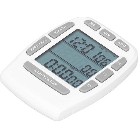 Dreifach-Timer-Uhr mit Countdown- und Up-Funktion, 4,0 x 4,4 cm LCD-Display, Multifunktionsanzeige, weiß, eingebauter Akku (1/5)