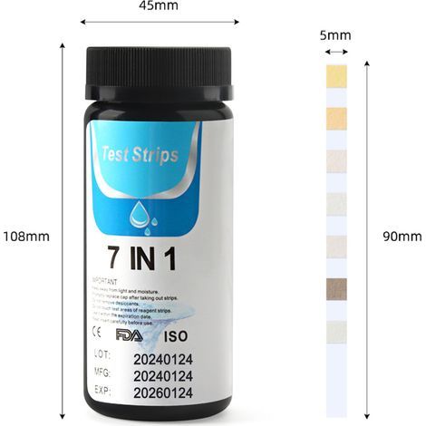 Kit de test de bandelettes de test 7 en 1 pour spa et piscine pour dureté totale/chlore total/chlore libre/brome/pH/alcalinité totale/nitrite 50 ct.