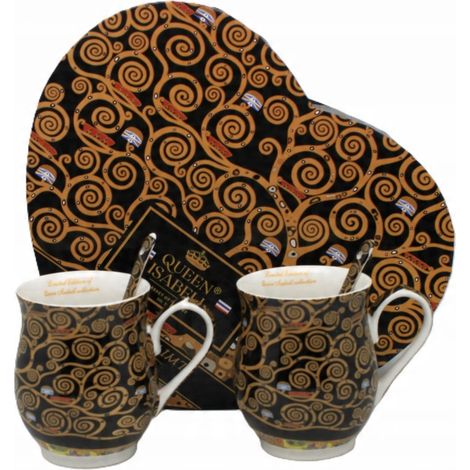 Juego de tazas grandes de porcelana de 350 ml en caja de regalo con el diseño del Árbol de la Vida de Klimt. (1/5)