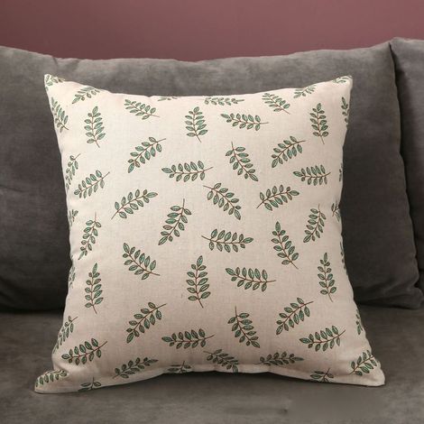 Housse de coussin décorative 40x40 cm style scandinave, feuilles vertes, textile maison en lin (1/5)