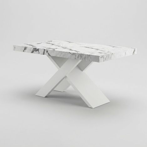 Table à manger extensible 12 personnes pieds blancs 160/260x90 Roma - Effet marbre blanc
