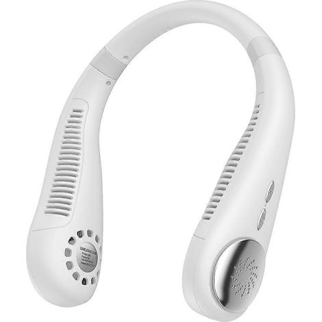 Mini ventilateur de cou portable rechargeable par USB avec veilleuse, sans pales, silencieux et compact.