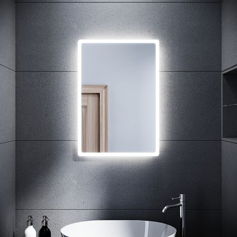 SONNI Espejo Baño con Luz 60x40 cm Espejo Baño LED con Interruptor de Pared,Montaje Vertical u Horizontal Blanco Frío IP44 Bajo Consumo