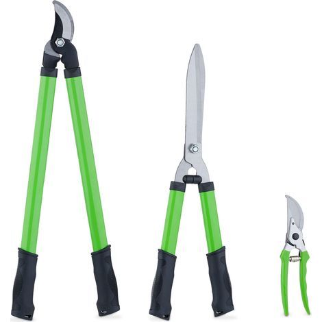Relaxdays Lot d’Outils de Jardinage, pour Bois Vert, sécateur, cisaille & Taille-haie Manuel, Lame en Acier, Vert (1/5)