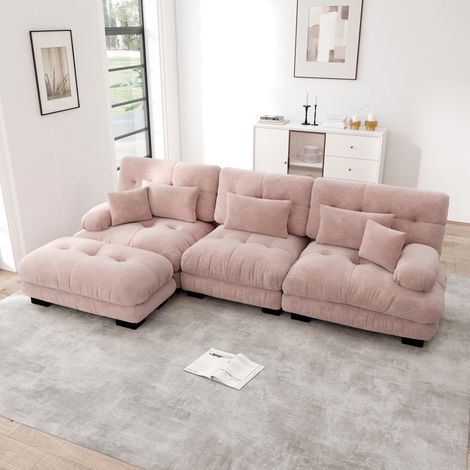Divano modulare angolare rosa in chenille con pouf mobili e seduta profonda (1/5)