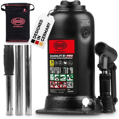 HEYNER® Hydraulischer Unterstellheber 2-stufig I DoubleLift 5t PRO I Stempelwagenheber aus Stahl I Hubhöhe 225–500 mm I Autoheber für SUV Transporter Wohnmobil I inkl. Tasche & Gummigriff
