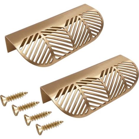 2 tiradores decorativos de latón dorado con forma de hoja para armarios, cajones y puertas, ideales para la cocina o el baño (117 mm). (1/3)