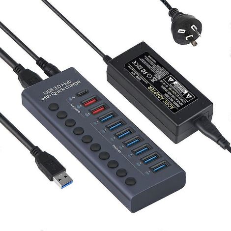 Hub USB 10 ports - Hub USB 3.0 - Répartiteur en aluminium - Adaptateur secteur 12 V 5 A 60 W - AU (1/4)