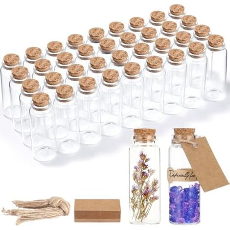 Mini bouteilles en verre avec bouchon liège, 36 x 40 ml, petits pots avec bouchon liège, tubes à essai avec bouchon liège, bouteilles en verre fermées avec bouchon liège pour bonbons, fleurs séchées e (1/5)