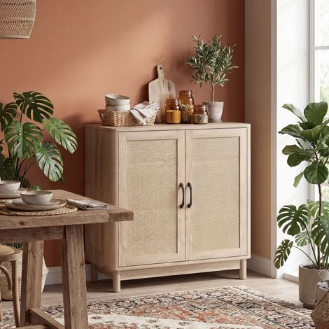 Buffet salon étagère réglable et bords arrondis meuble de rangement avec 2 portes en rotin chêne 76 x 35 x 75.5 cm aménagement intérieur (1/4)