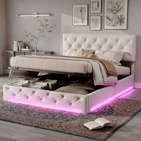 Lit Coffre 140x200 cm avec sommier, Lits Double Rembourré 140x200, Lit capitonné avec Rangement et Lumière LED, Cadre de lit avec tête de lit réglable en Hauteur et sommier à Lattes, Velours Beige (1/5)