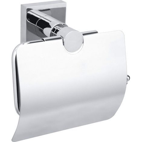 Toilet paper holder with lid, glossy chrome metal finish, adhesive, drill-free technology, 68 mm x 140 mm x 140 mm (1/5)