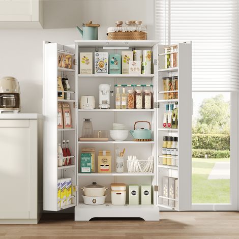 Buffet de cuisine 60x35x128cm - Avec capteur de lumière LED - Avec 2 portes - Avec étagères - Blanc