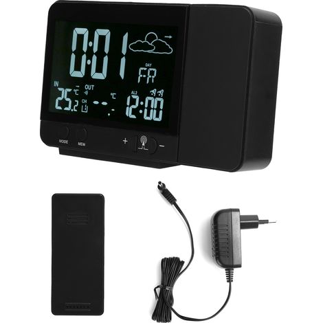 Funkgesteuerte Projektionsuhr mit Innen-/Außenthermometer, Hygrometer, Feuchtigkeitssensor, Temperaturanzeige, 230 V EU (1/5)
