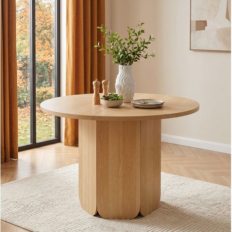 Mesa de comedor redonda de 120x120 cm para 4-6 personas, diseño escandinavo, apta para uso diario, MDF efecto roble (1/5)