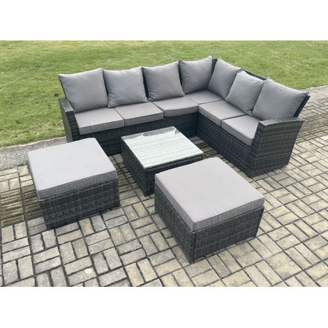Fimous 8 places Salon de Jardin en Rotin PE avec 2 Grands Tabourets Table basse carrée (1/5)